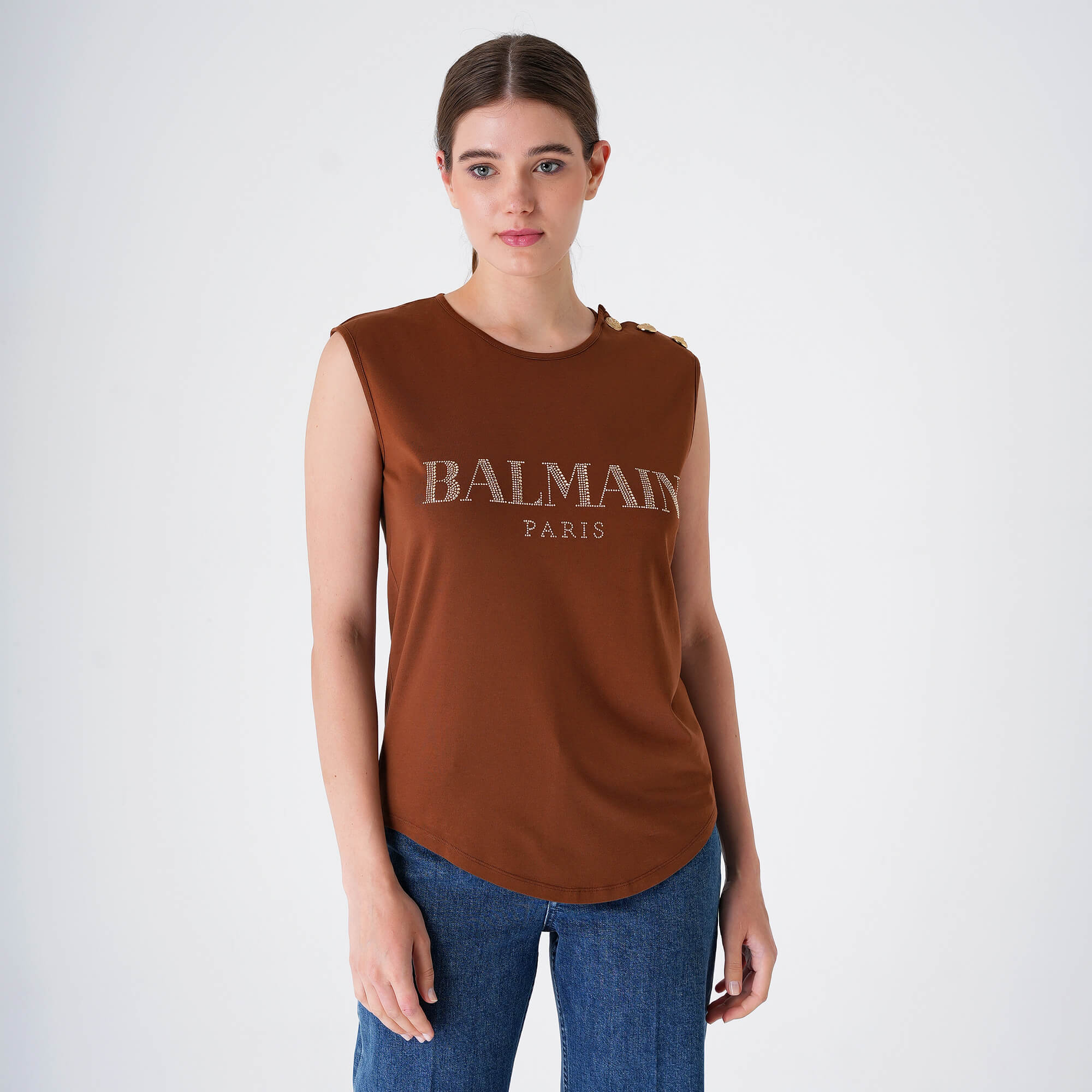 Balmain - Brown&Gold Stone Logo Sleevless Tshirt